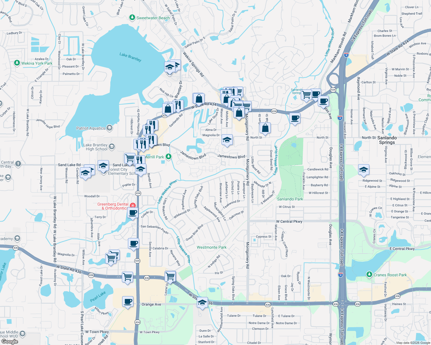 map of restaurants, bars, coffee shops, grocery stores, and more near 620 Glenwood Court in Altamonte Springs