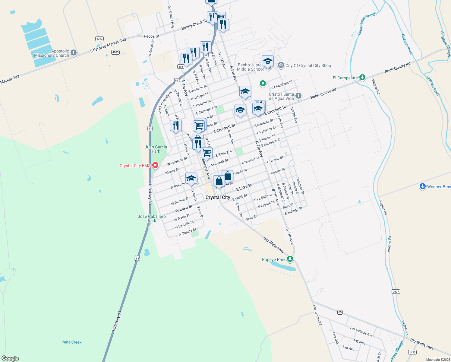 map of restaurants, bars, coffee shops, grocery stores, and more near 200 East Uvalde Street in Crystal City