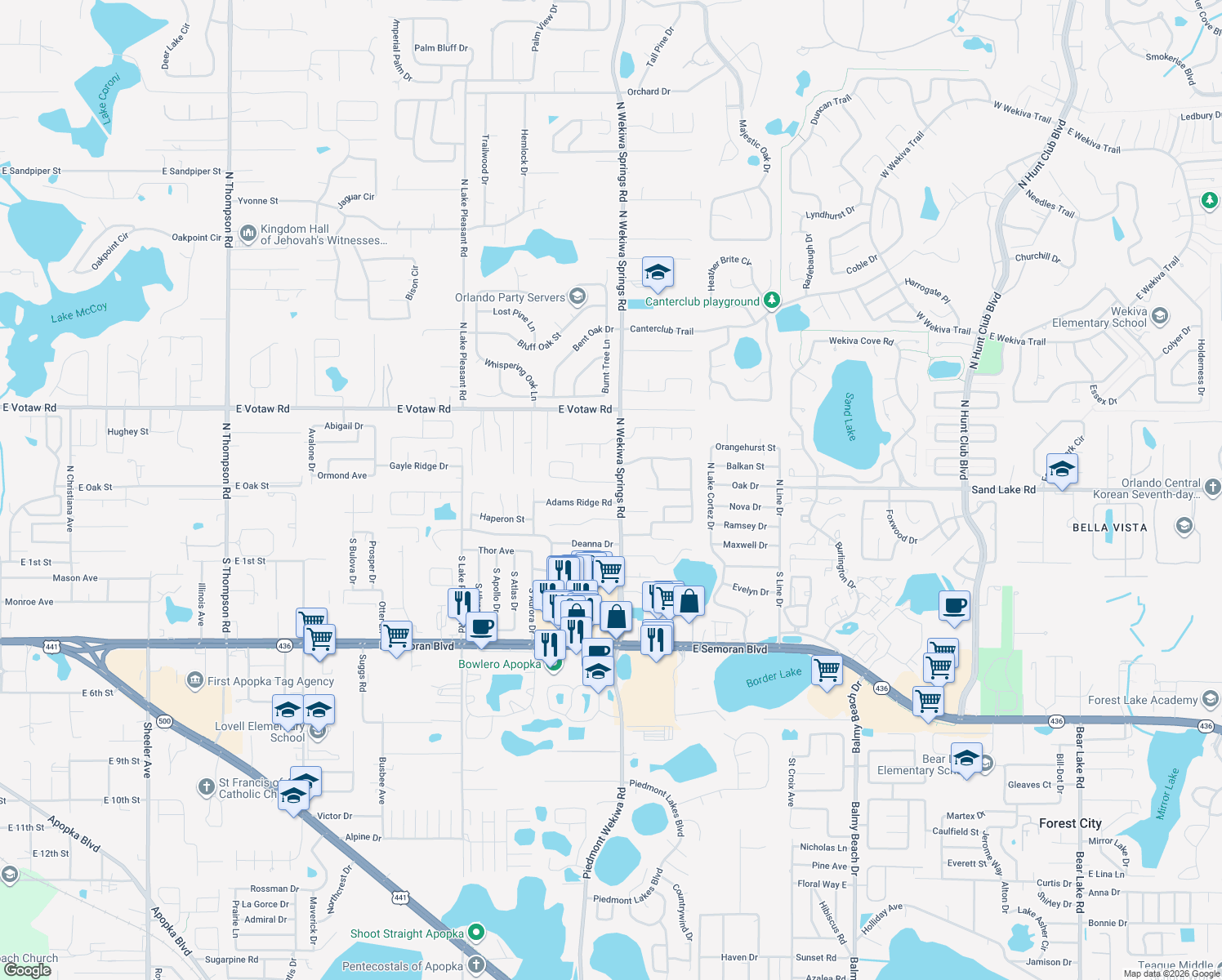 map of restaurants, bars, coffee shops, grocery stores, and more near 120 North Wekiwa Springs Road in Apopka