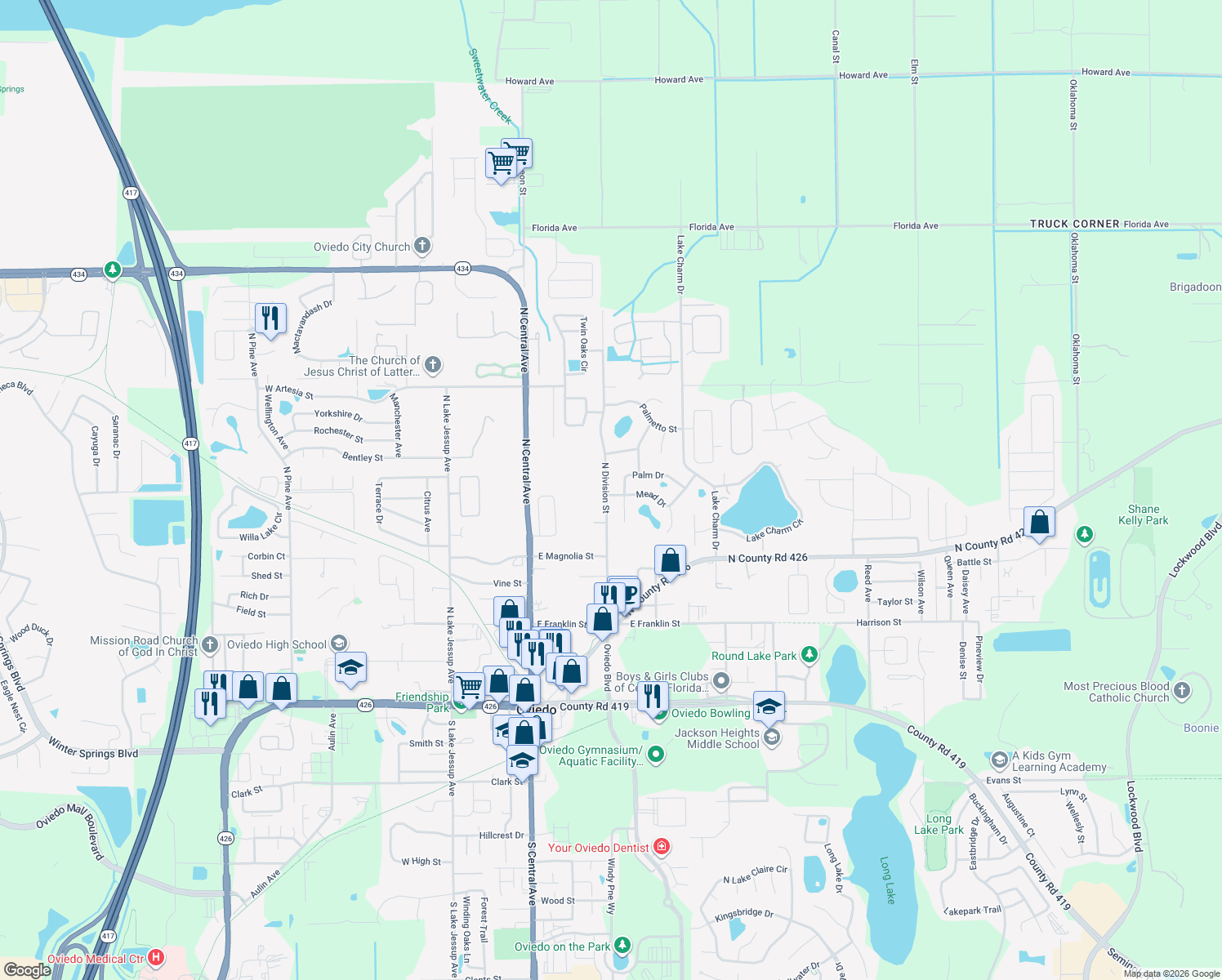 map of restaurants, bars, coffee shops, grocery stores, and more near 650 North Division Street in Oviedo