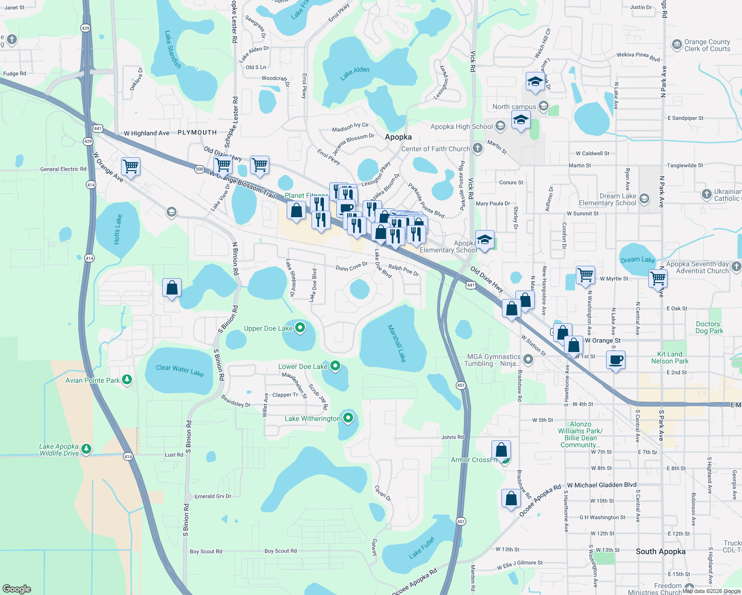 map of restaurants, bars, coffee shops, grocery stores, and more near 300 Country Landing Boulevard in Apopka