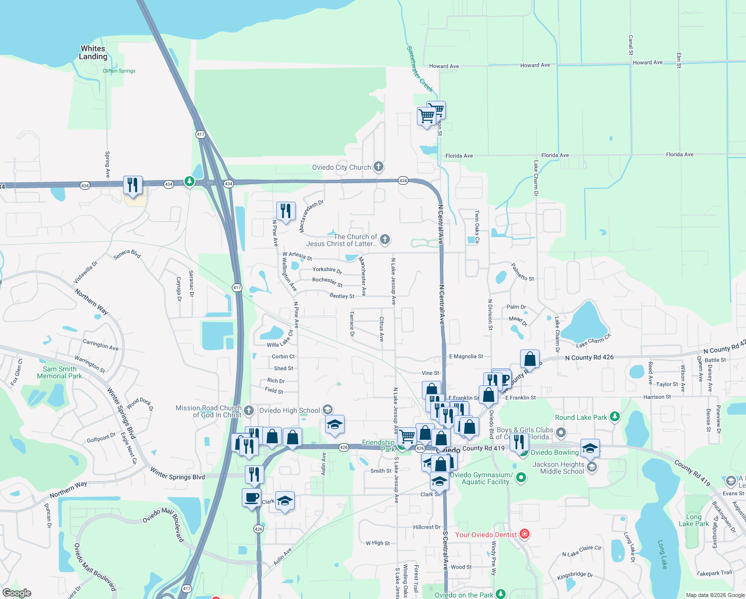 map of restaurants, bars, coffee shops, grocery stores, and more near 379 Bentley Street in Oviedo