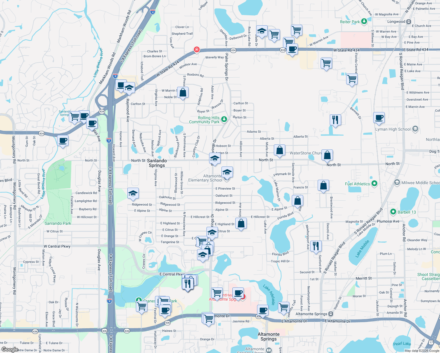map of restaurants, bars, coffee shops, grocery stores, and more near 1017 Palm Springs Drive in Altamonte Springs