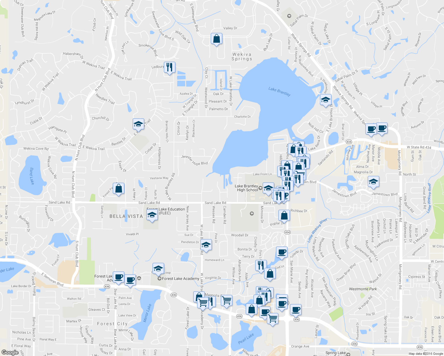 map of restaurants, bars, coffee shops, grocery stores, and more near 317 Brantley Club Place in Longwood