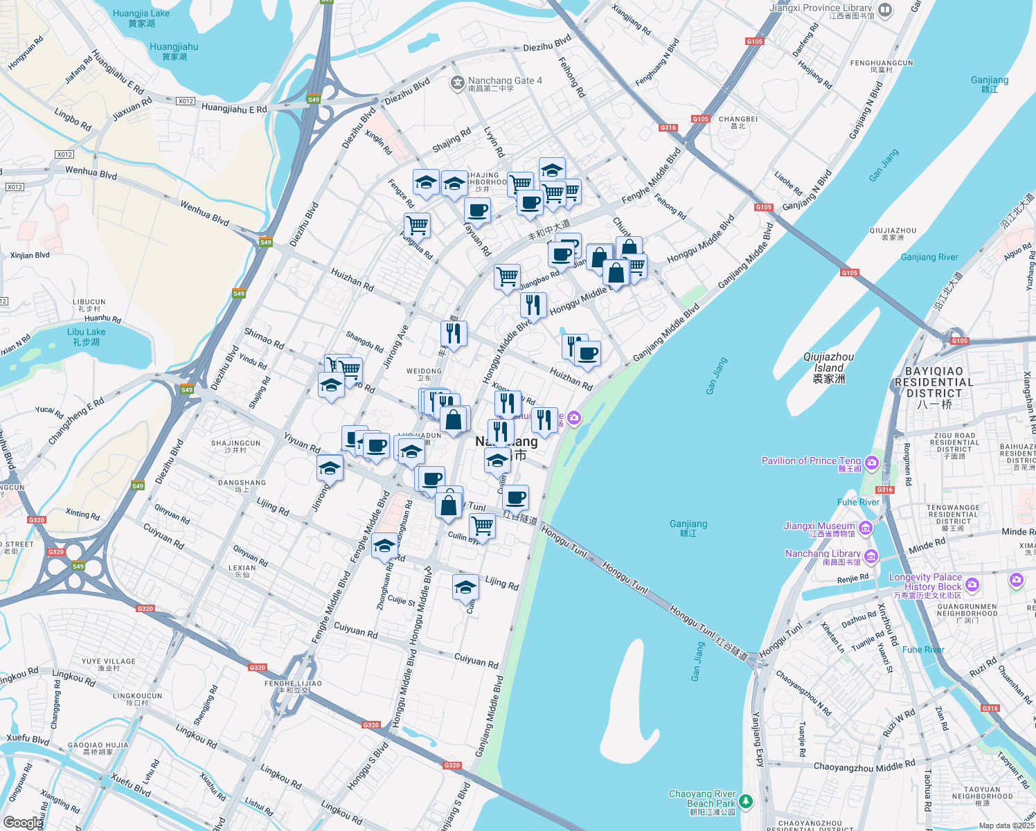 map of restaurants, bars, coffee shops, grocery stores, and more near Xin Fu Lu in Nan Chang Shi