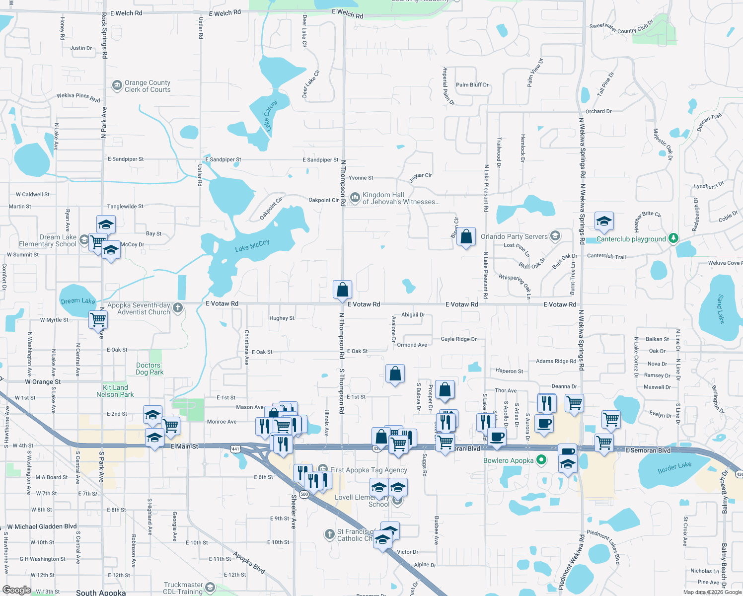 map of restaurants, bars, coffee shops, grocery stores, and more near 1303 Votaw Road in Apopka