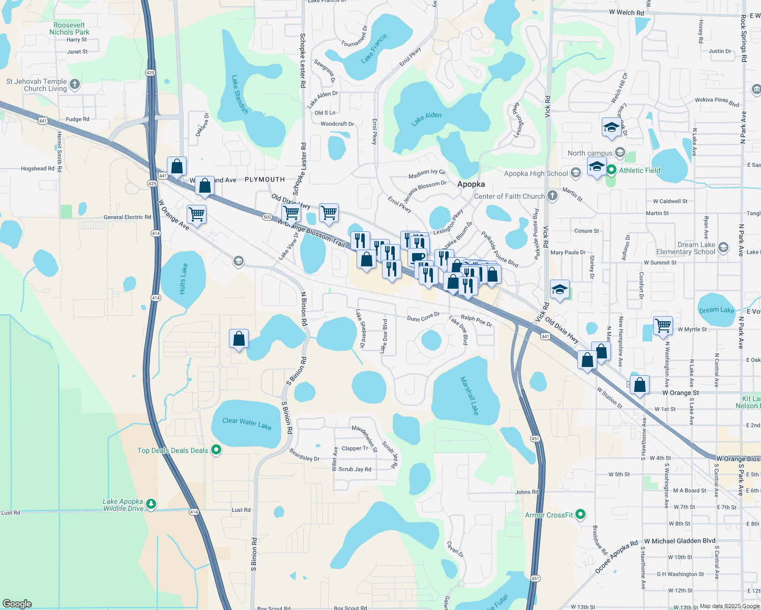 map of restaurants, bars, coffee shops, grocery stores, and more near 472 Yearling Cove Loop in Apopka