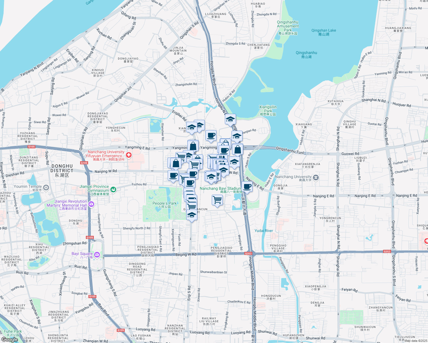 map of restaurants, bars, coffee shops, grocery stores, and more near Nan Jing Xi Lu in Nanchang Shi