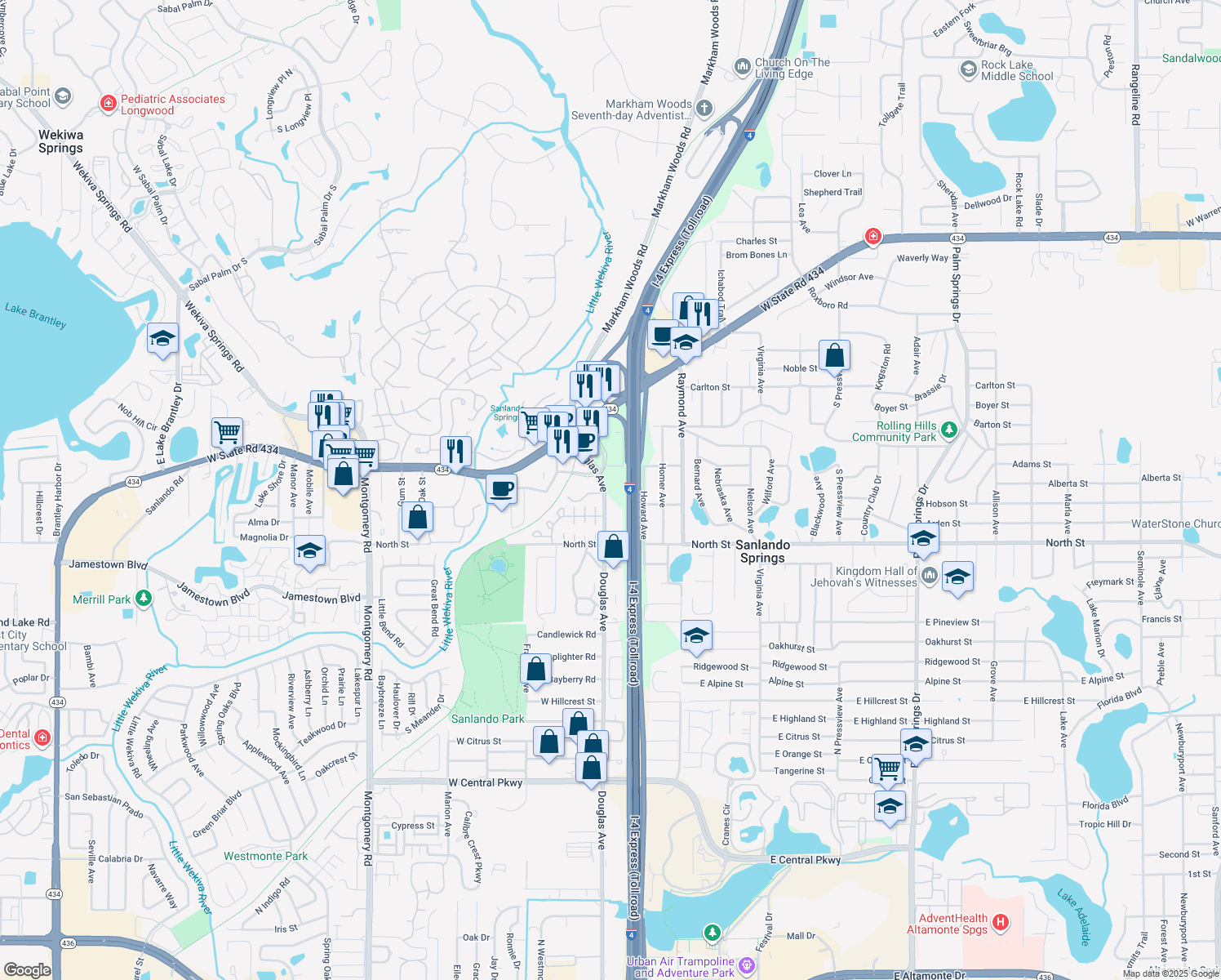 map of restaurants, bars, coffee shops, grocery stores, and more near 1097 Douglas Avenue in Altamonte Springs