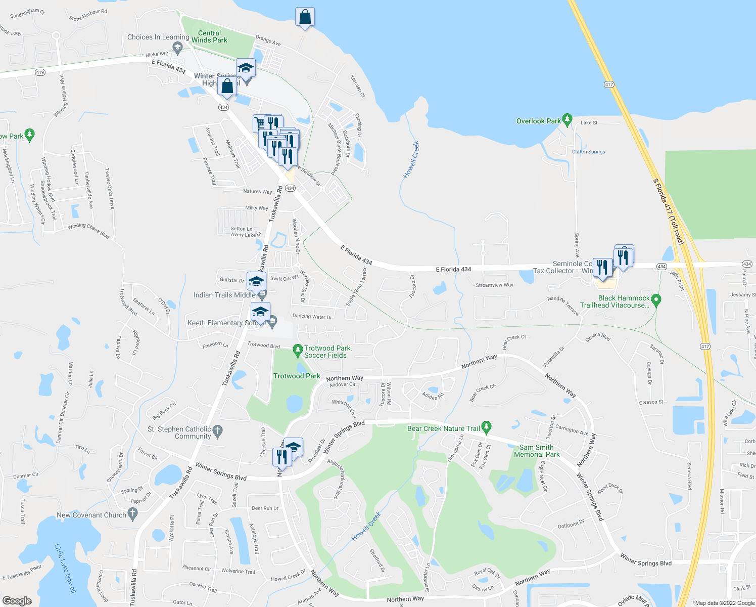 map of restaurants, bars, coffee shops, grocery stores, and more near 208 Heatherwood Court in Winter Springs
