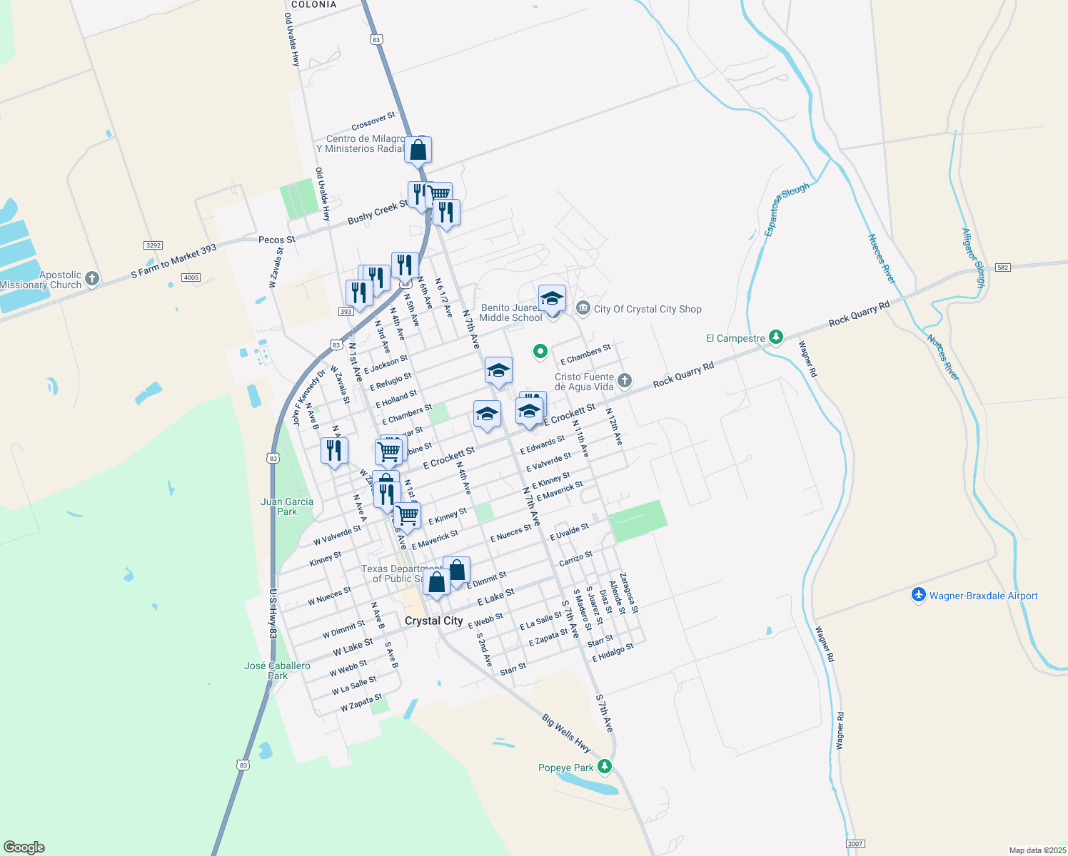 map of restaurants, bars, coffee shops, grocery stores, and more near 912 East Crockett Street in Crystal City