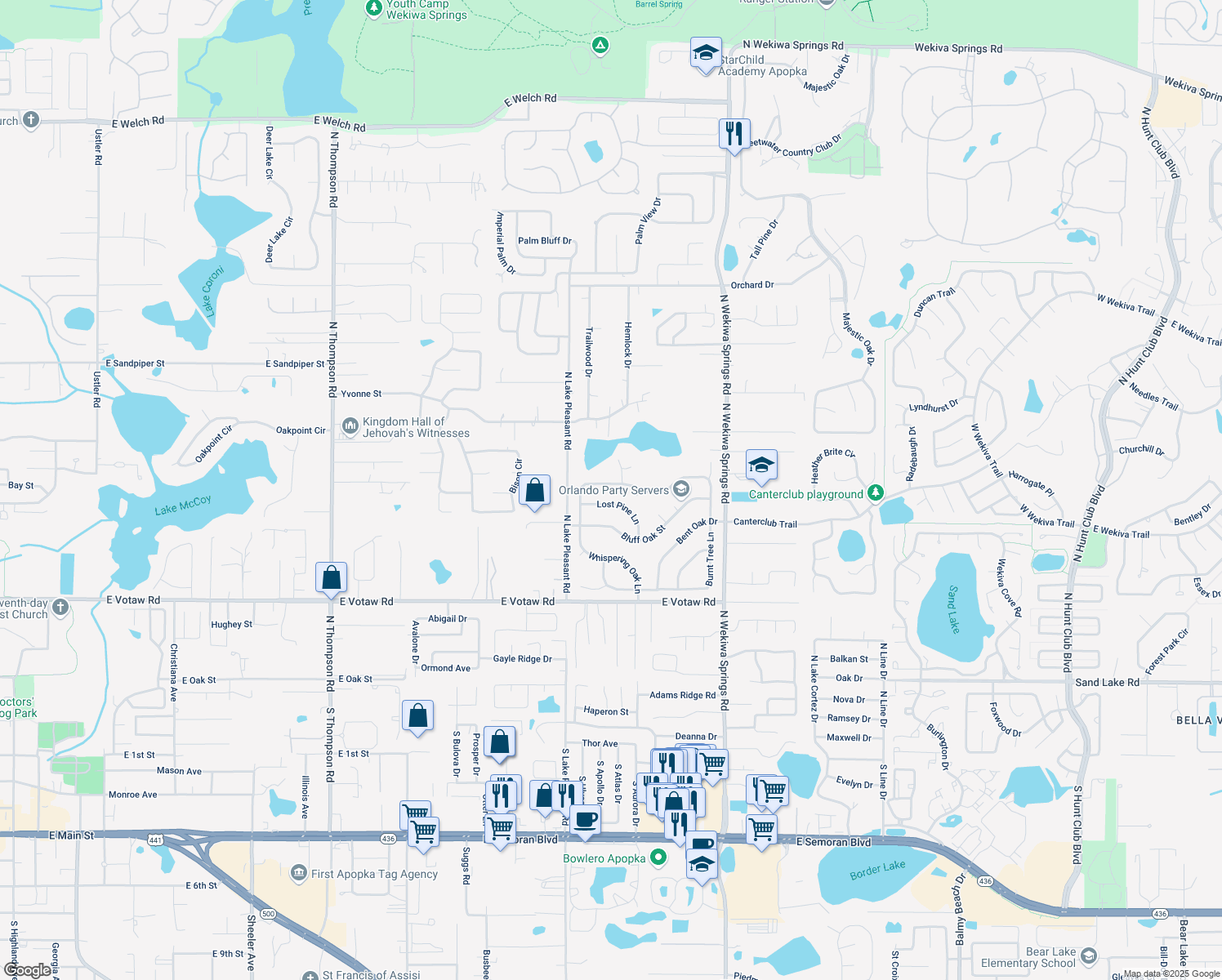 map of restaurants, bars, coffee shops, grocery stores, and more near 1836 Hidden Pine Lane in Apopka