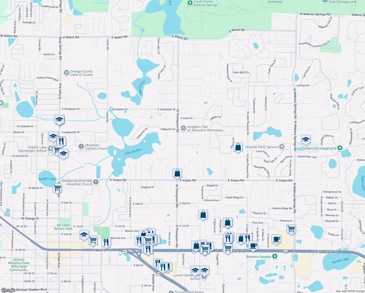 map of restaurants, bars, coffee shops, grocery stores, and more near 1122 Romar Lane in Apopka