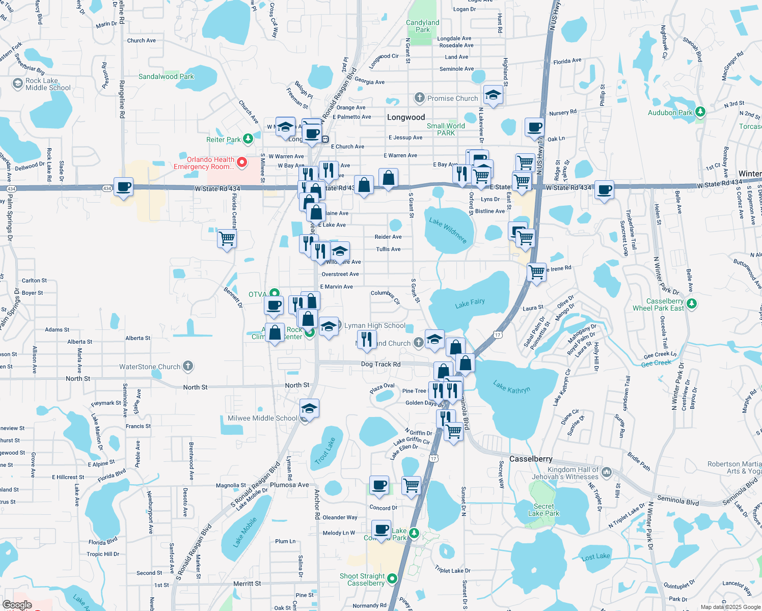 map of restaurants, bars, coffee shops, grocery stores, and more near 321 Isabella Drive in Longwood
