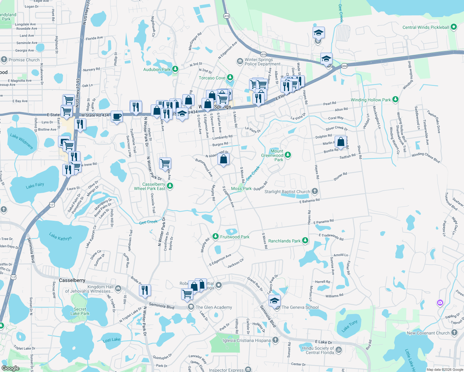 map of restaurants, bars, coffee shops, grocery stores, and more near 423 Boxwood Circle in Winter Springs