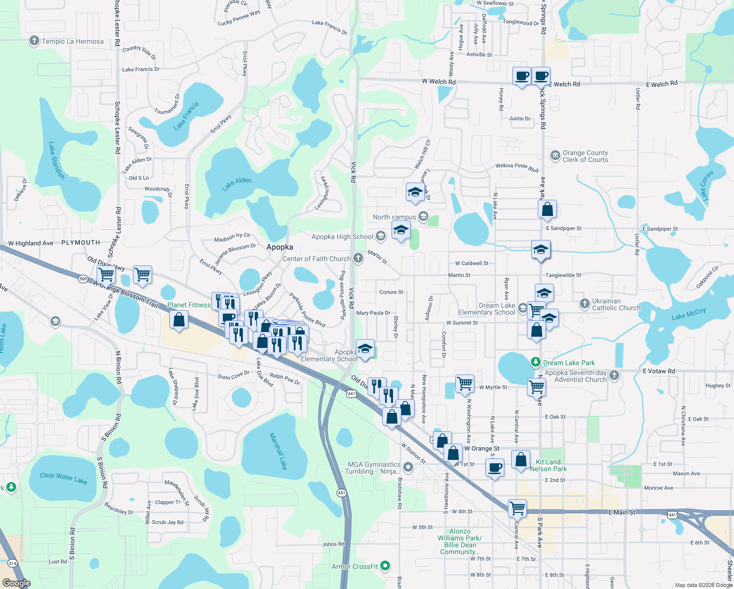 map of restaurants, bars, coffee shops, grocery stores, and more near 596 Conure St in Apopka