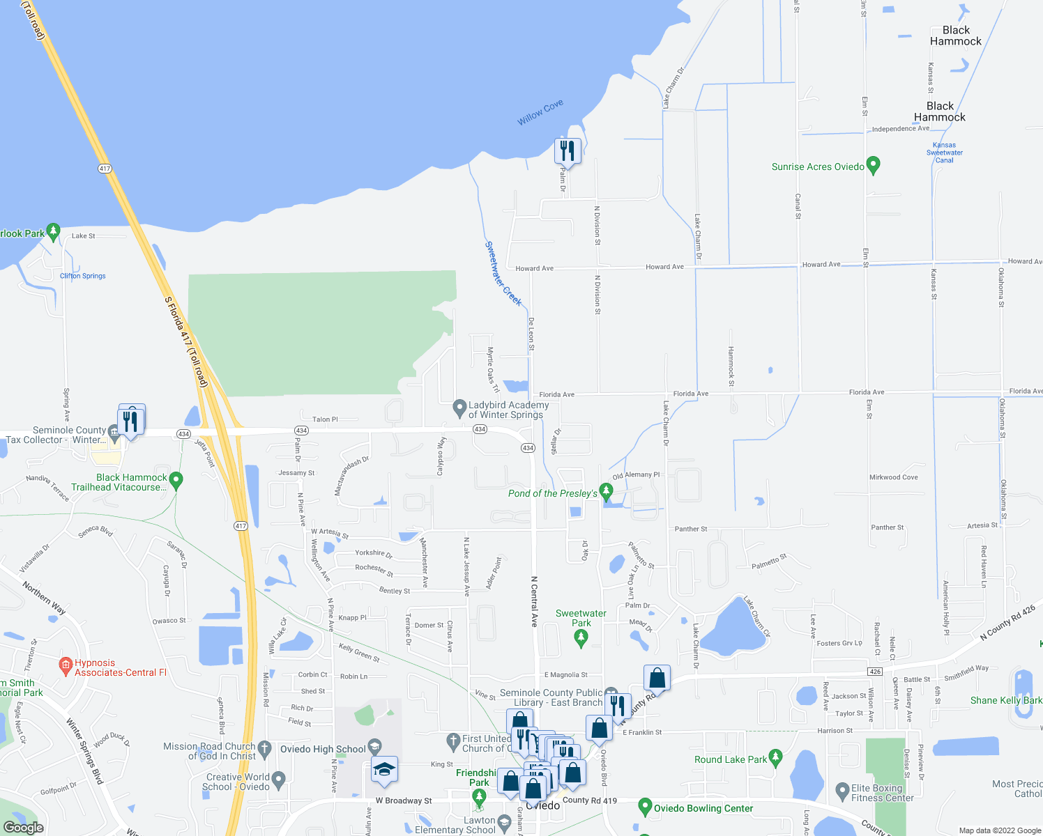 map of restaurants, bars, coffee shops, grocery stores, and more near 1495 Myrtle Oaks Trail in Oviedo