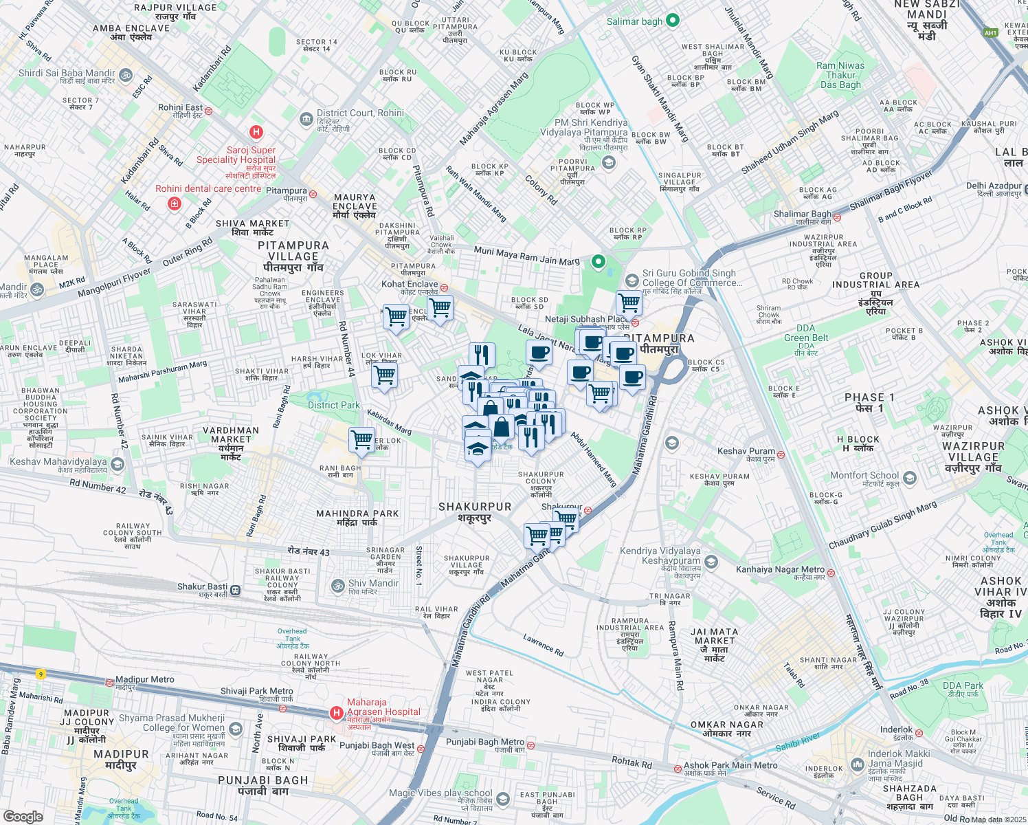 map of restaurants, bars, coffee shops, grocery stores, and more near 5 Kabirdas Marg in Delhi
