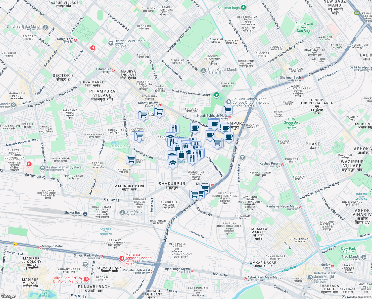 map of restaurants, bars, coffee shops, grocery stores, and more near 5 Kabirdas Marg in Delhi