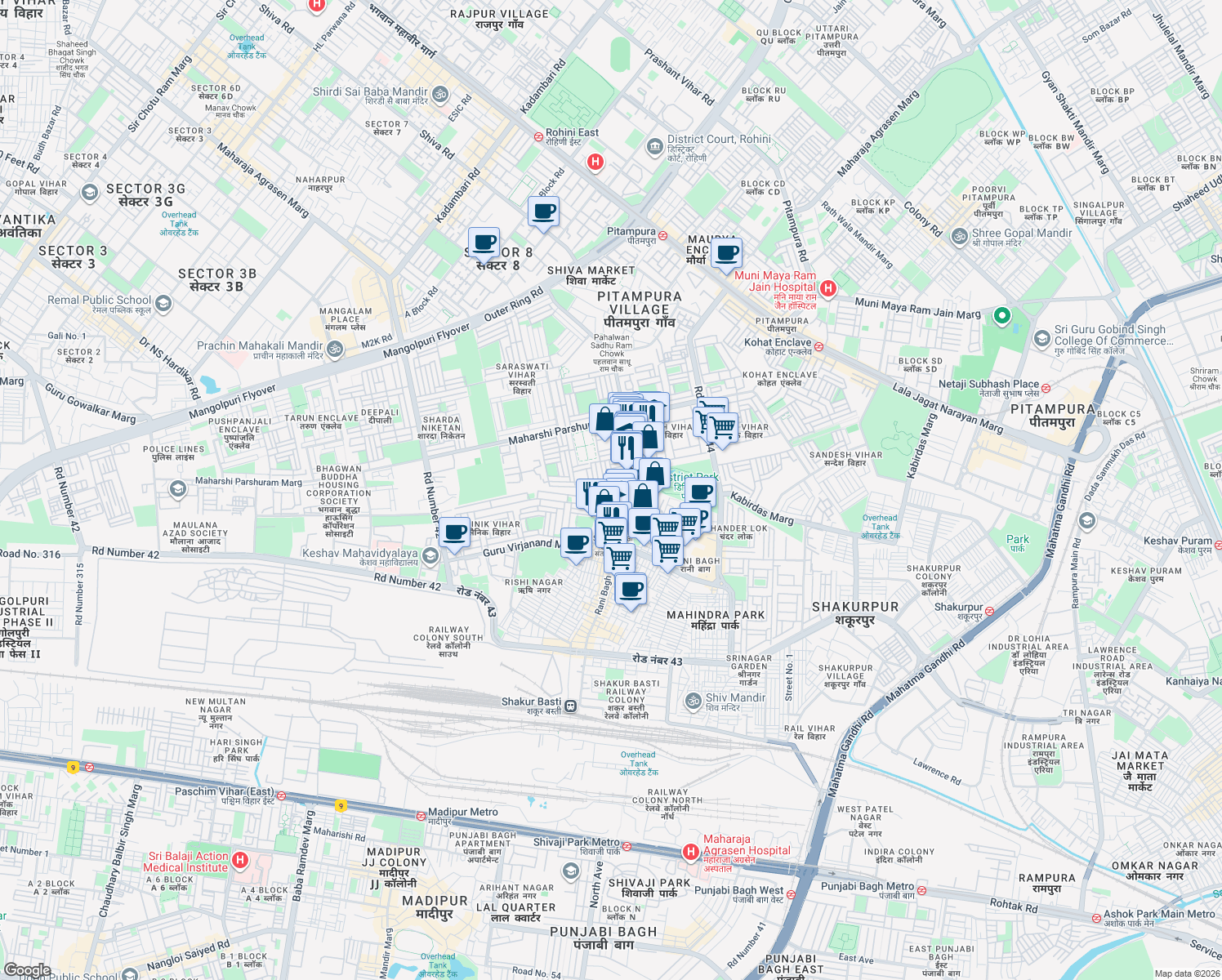 map of restaurants, bars, coffee shops, grocery stores, and more near in Delhi