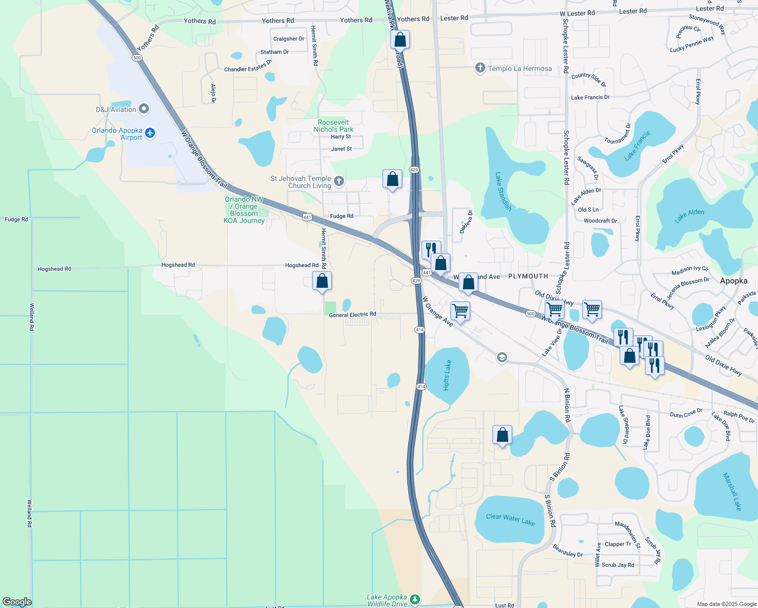 map of restaurants, bars, coffee shops, grocery stores, and more near 3231 General Electric Road in Apopka