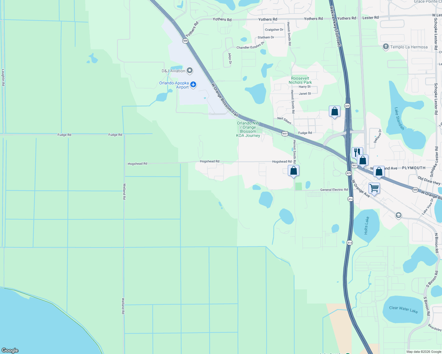 map of restaurants, bars, coffee shops, grocery stores, and more near 4212 Hogshead Road in Apopka