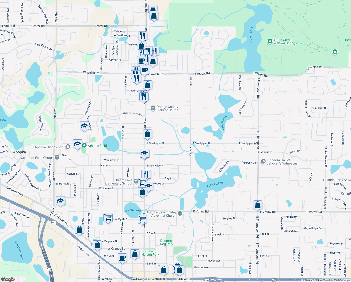 map of restaurants, bars, coffee shops, grocery stores, and more near 393 East Sandpiper Street in Apopka