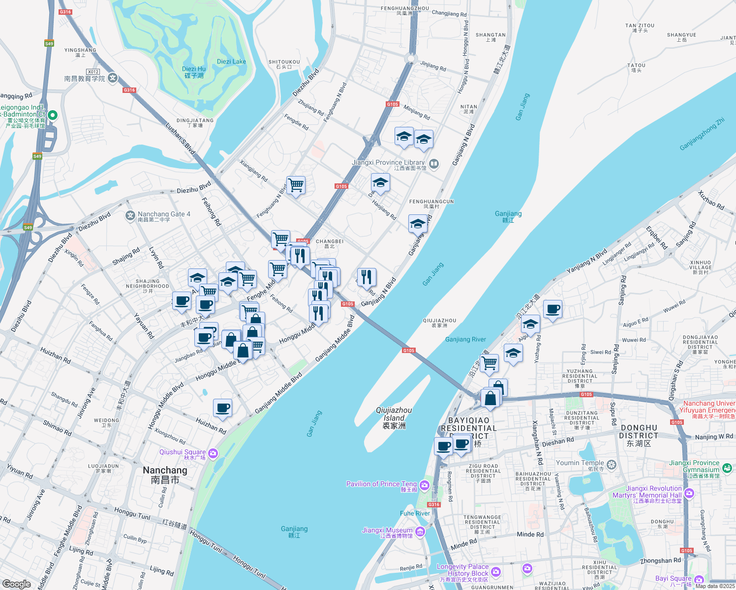 map of restaurants, bars, coffee shops, grocery stores, and more near 1 Ganjiang North Avenue in Nanchang Shi