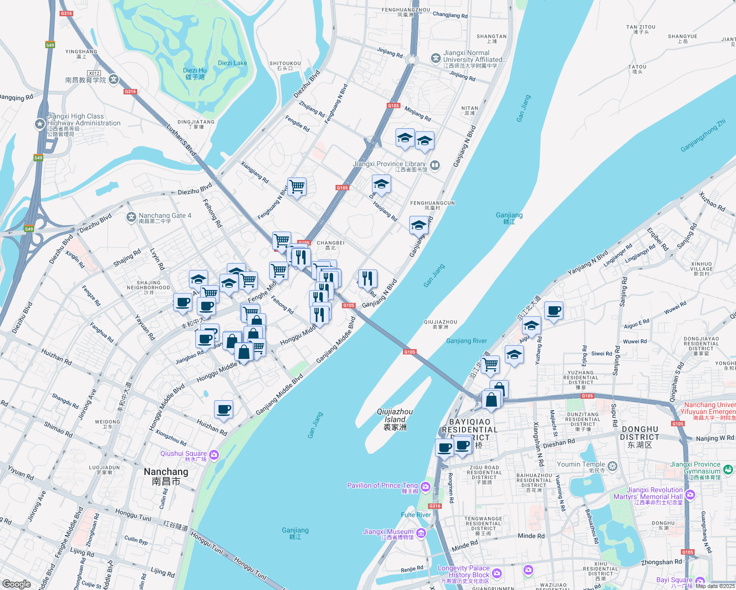map of restaurants, bars, coffee shops, grocery stores, and more near 1 Ganjiang North Avenue in Nanchang Shi