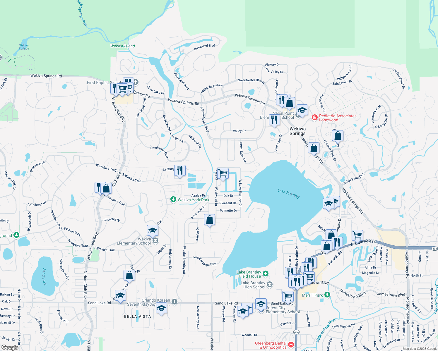 map of restaurants, bars, coffee shops, grocery stores, and more near 2401 Clay Court in Longwood