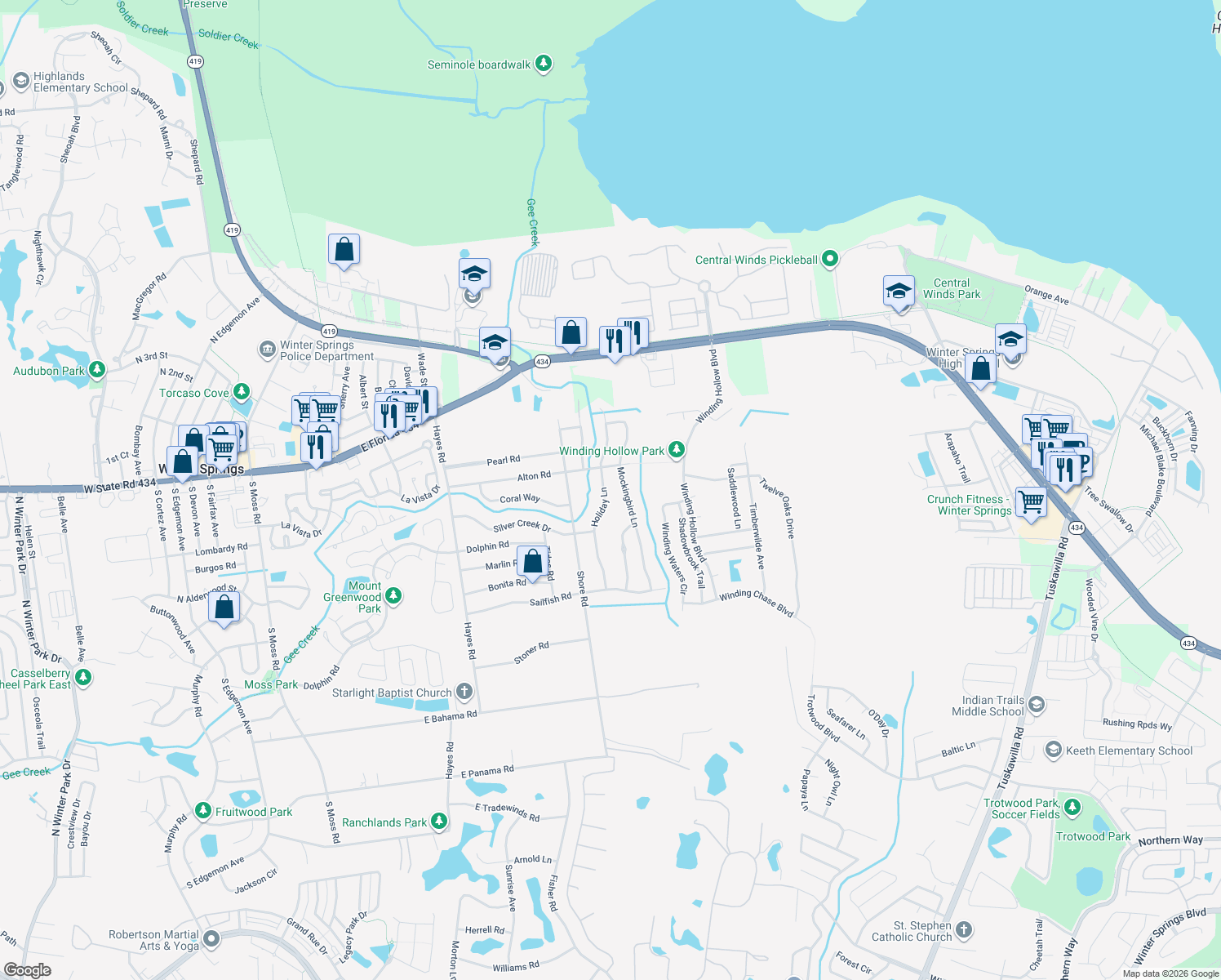 map of restaurants, bars, coffee shops, grocery stores, and more near 209 Holiday Lane in Winter Springs