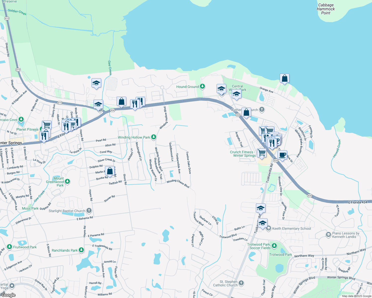 map of restaurants, bars, coffee shops, grocery stores, and more near 342 Twelve Oaks Drive in Winter Springs