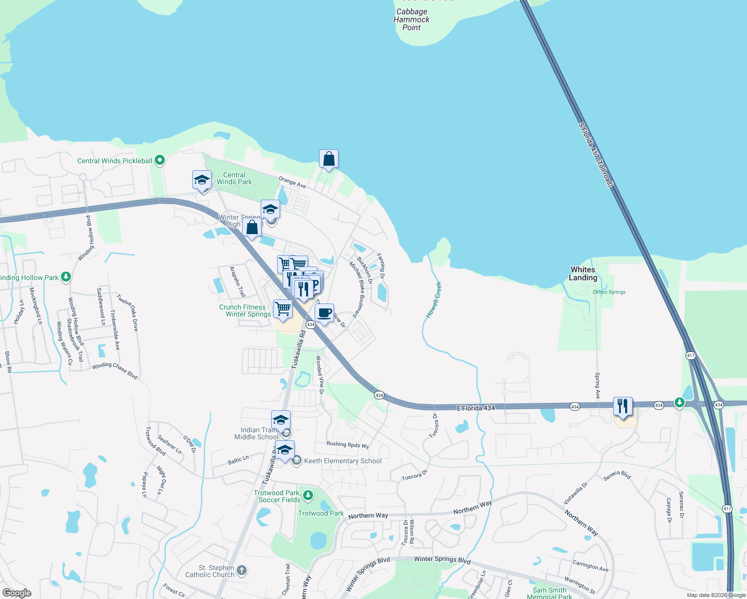 map of restaurants, bars, coffee shops, grocery stores, and more near 468 Buckhorn Drive in Winter Springs