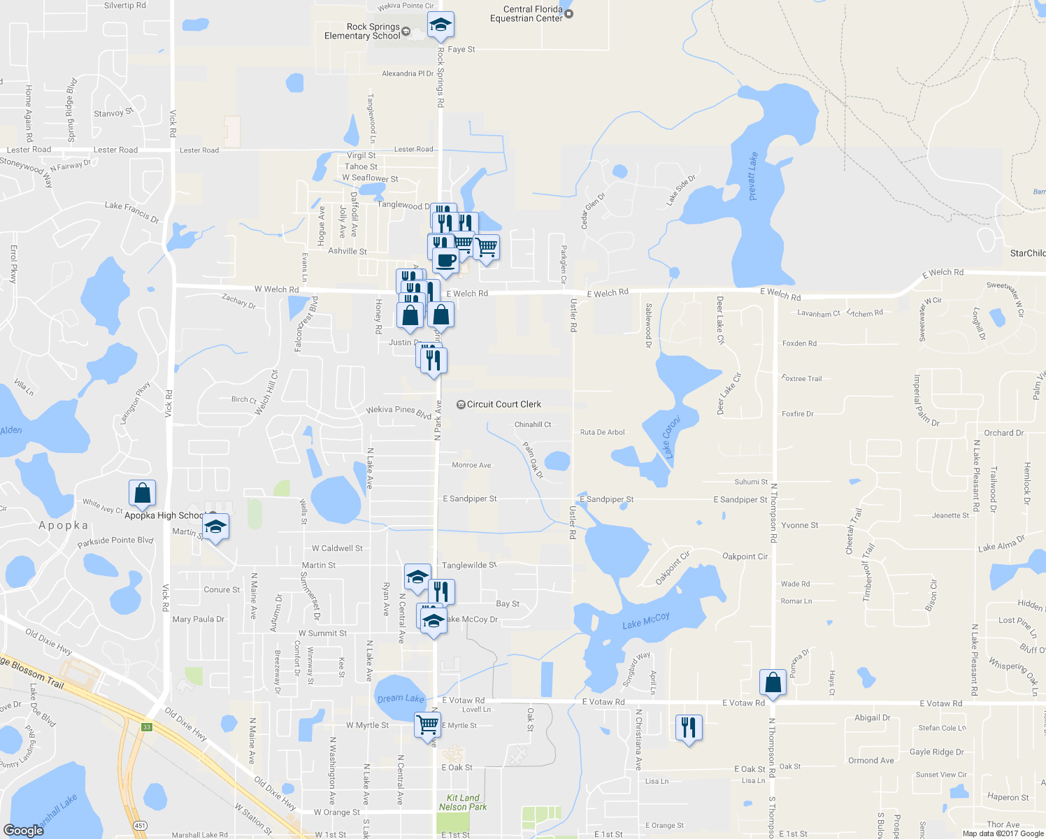 map of restaurants, bars, coffee shops, grocery stores, and more near 409 Chinahill Court in Apopka