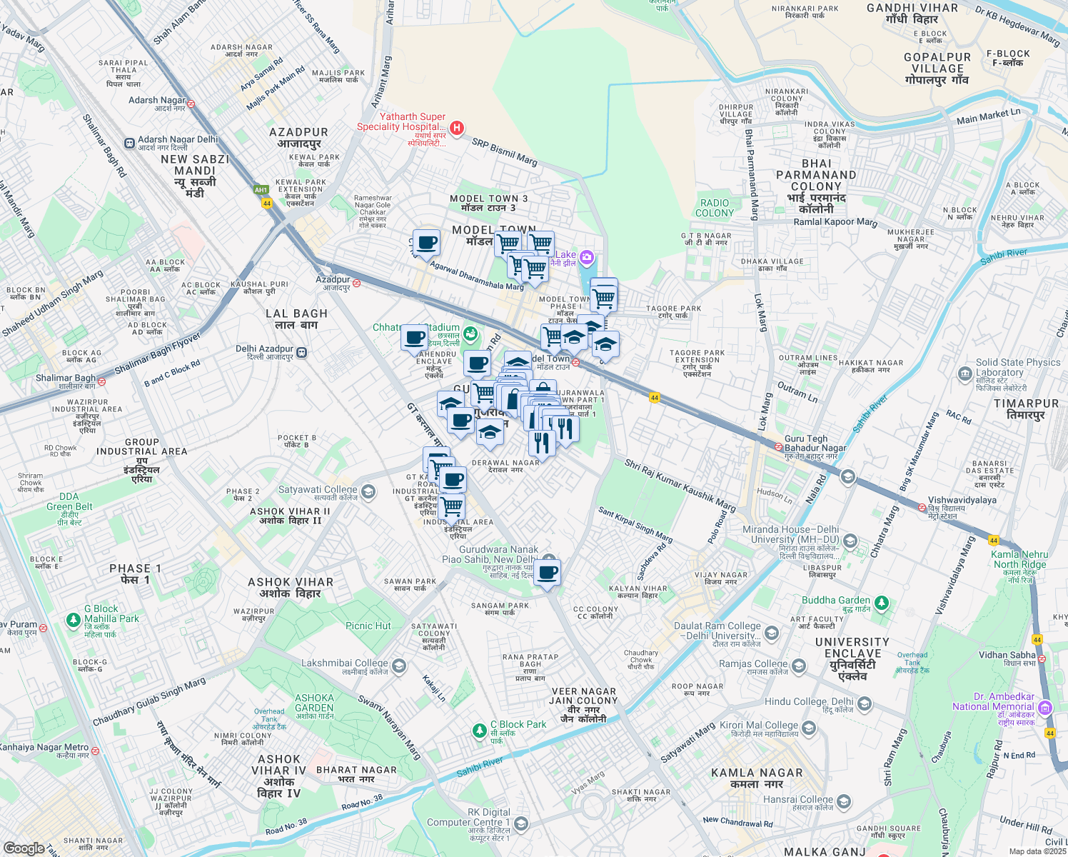 map of restaurants, bars, coffee shops, grocery stores, and more near Lala Achintaram Marg in Delhi
