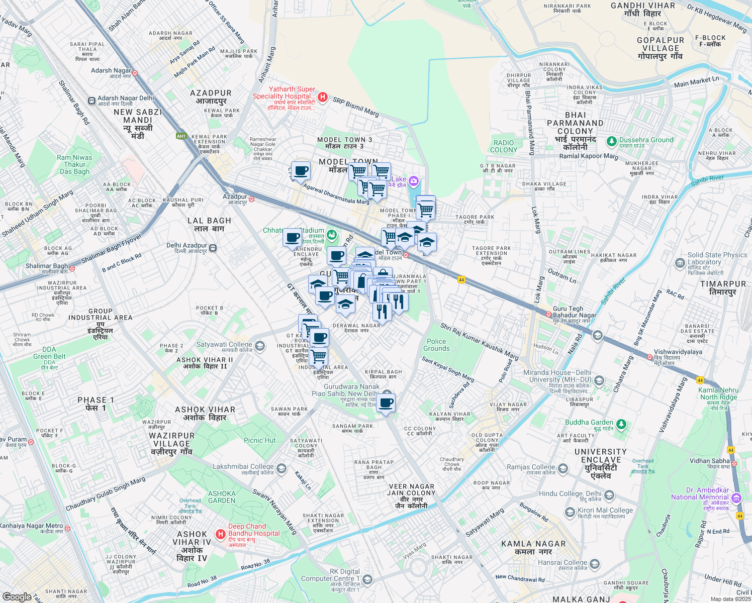 map of restaurants, bars, coffee shops, grocery stores, and more near Lala Achintaram Marg in Delhi