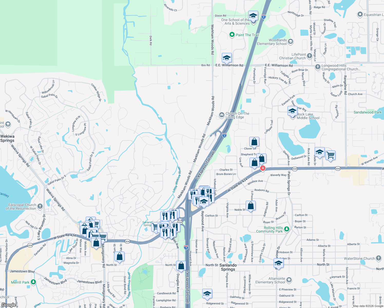 map of restaurants, bars, coffee shops, grocery stores, and more near 340 Markham Woods Road in Longwood