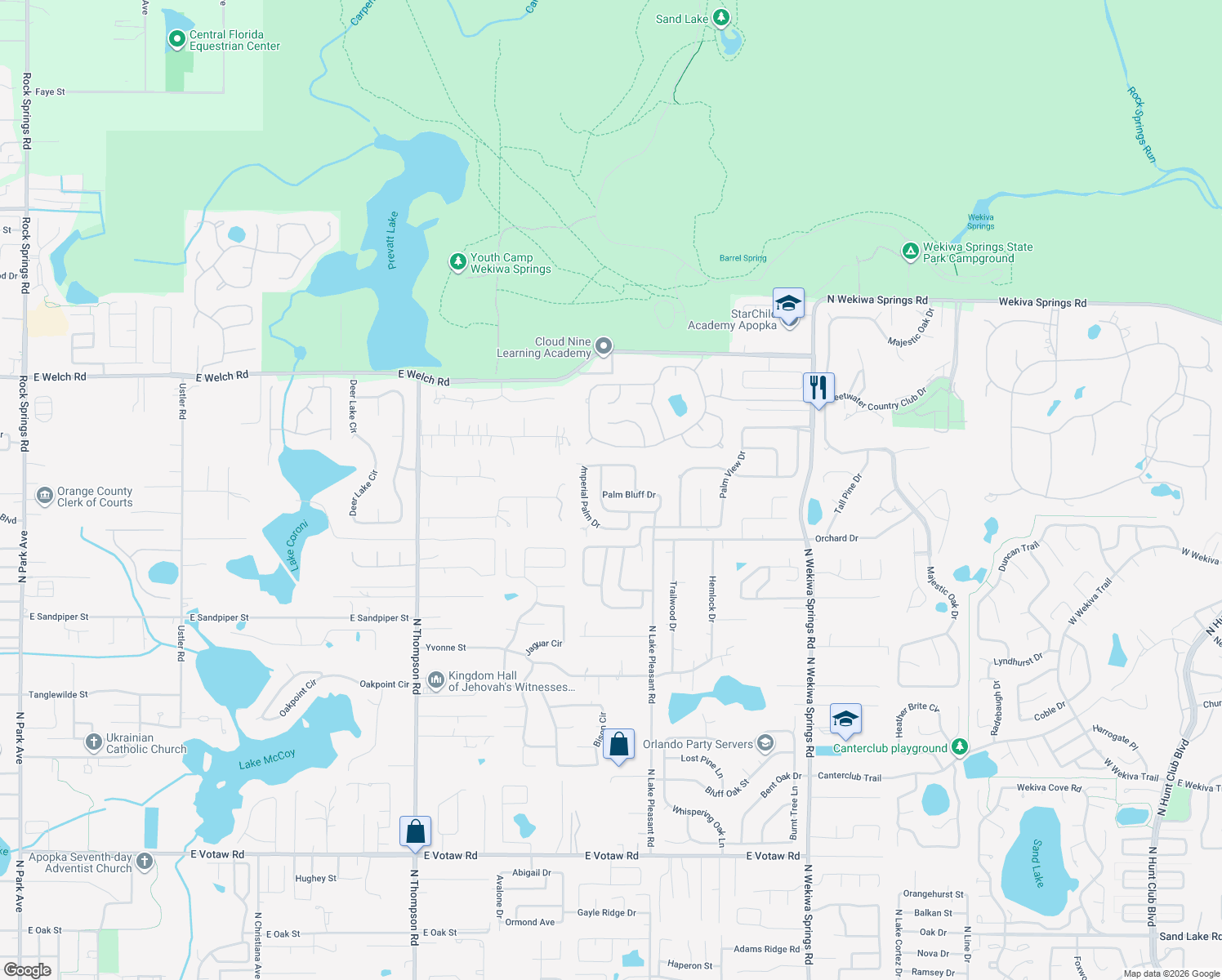 map of restaurants, bars, coffee shops, grocery stores, and more near 1285 Palm Bluff Drive in Apopka