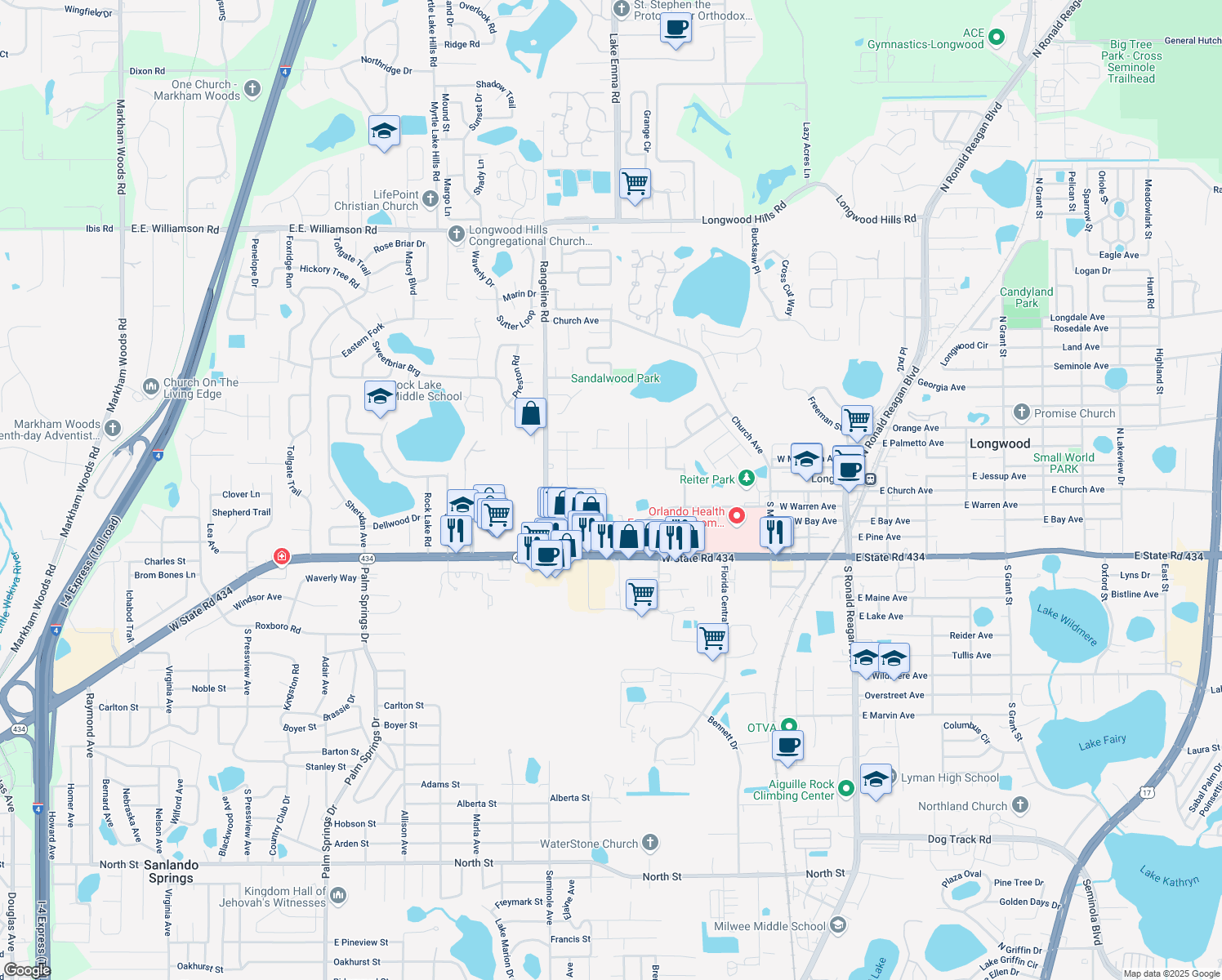 map of restaurants, bars, coffee shops, grocery stores, and more near 1006 Burlwood Court in Longwood
