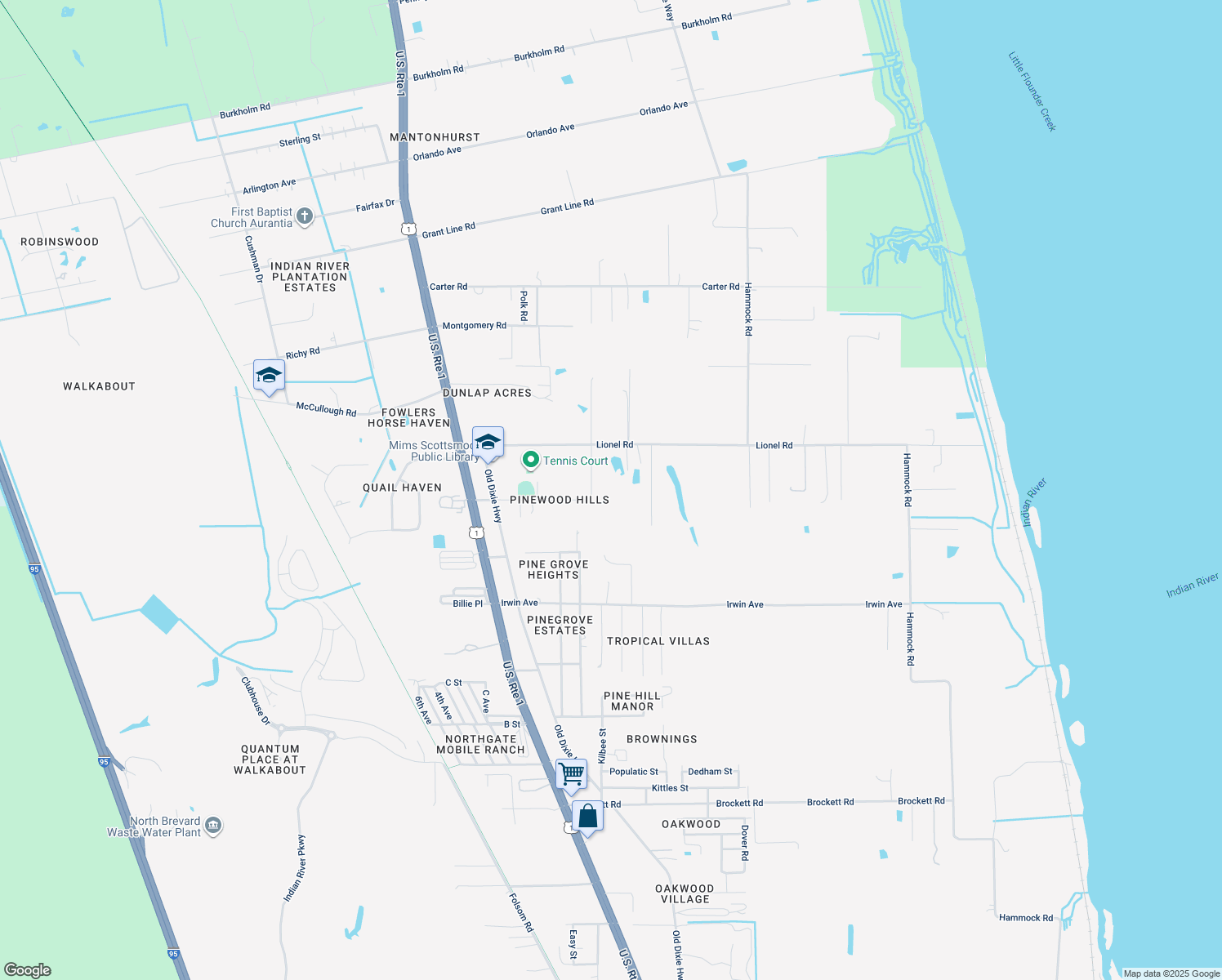 map of restaurants, bars, coffee shops, grocery stores, and more near 3485 Lionel Road in Mims