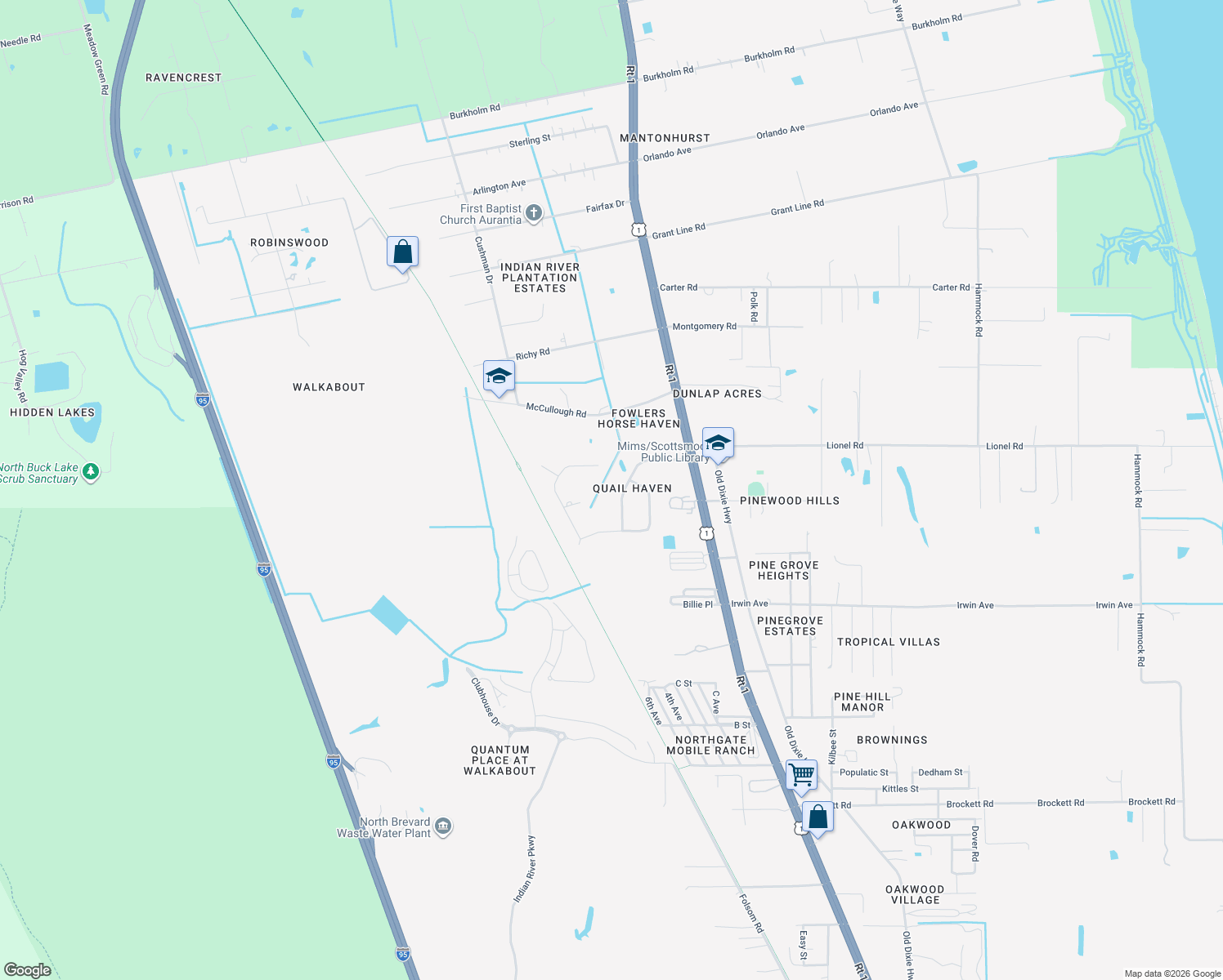 map of restaurants, bars, coffee shops, grocery stores, and more near 3772 East R Smyth Drive in Mims