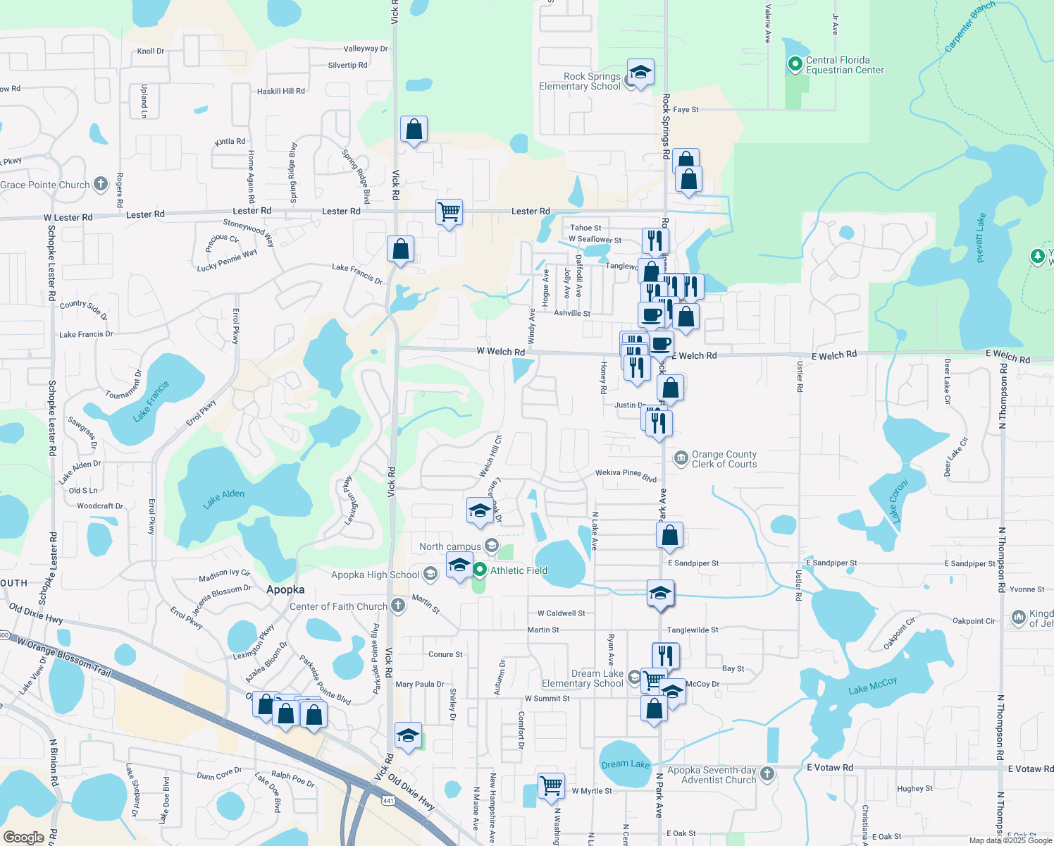 map of restaurants, bars, coffee shops, grocery stores, and more near 1348 Falconcrest Boulevard in Apopka