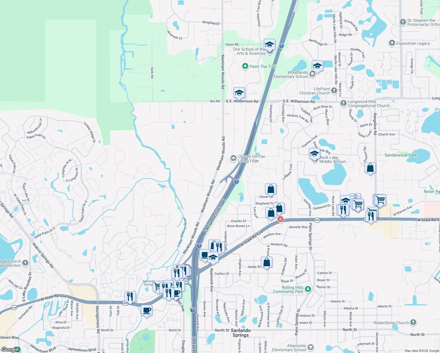 map of restaurants, bars, coffee shops, grocery stores, and more near 505 Markham Woods Road in Longwood