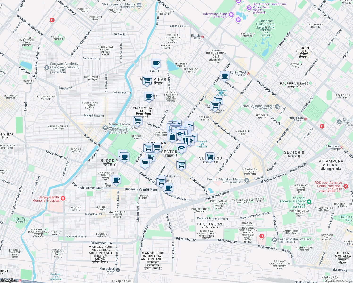 map of restaurants, bars, coffee shops, grocery stores, and more near in New Delhi