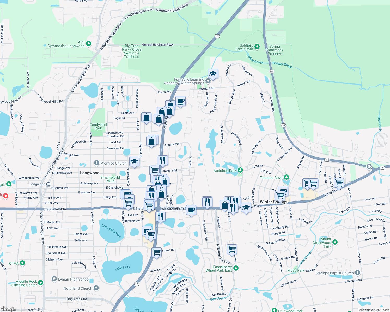 map of restaurants, bars, coffee shops, grocery stores, and more near 205 Lew Drive in Winter Springs