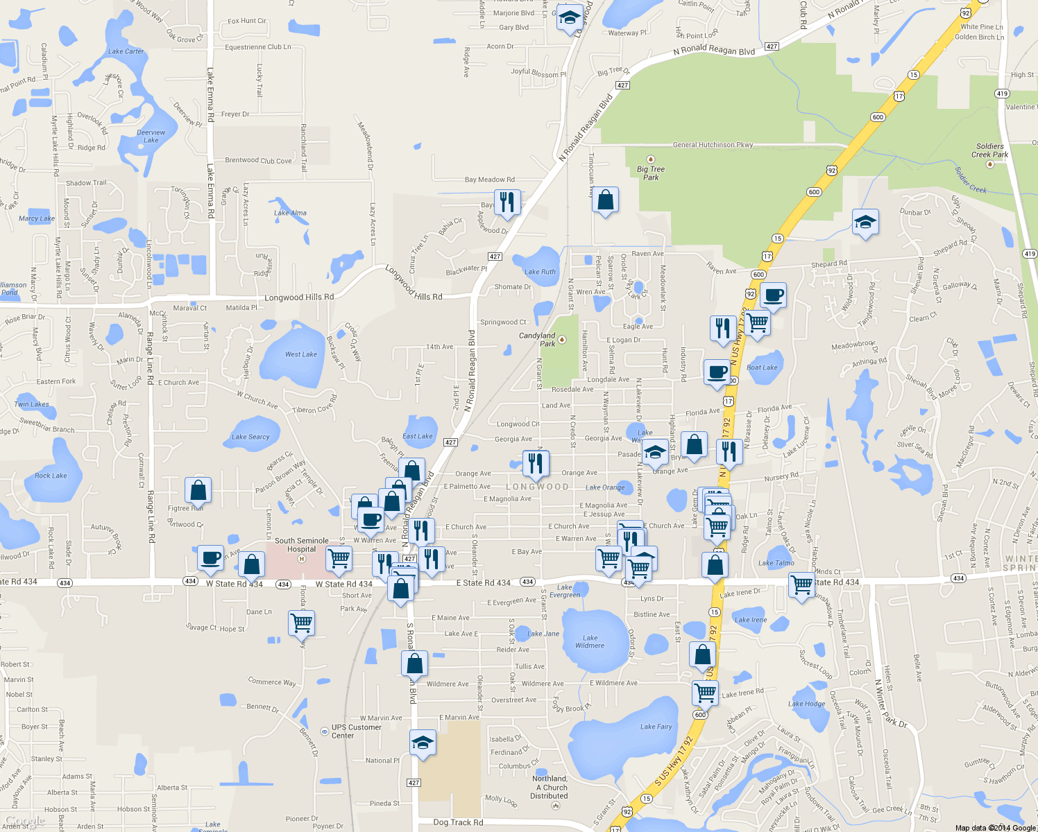 map of restaurants, bars, coffee shops, grocery stores, and more near 715 West Court in Longwood