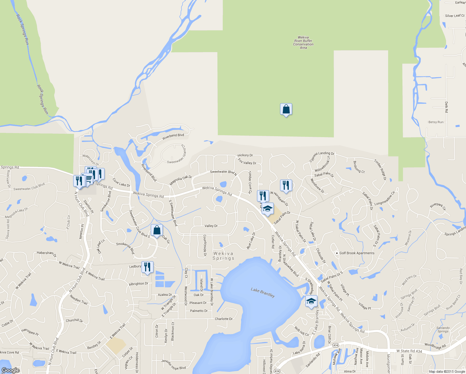 map of restaurants, bars, coffee shops, grocery stores, and more near 407 Timber Cove Circle in Longwood