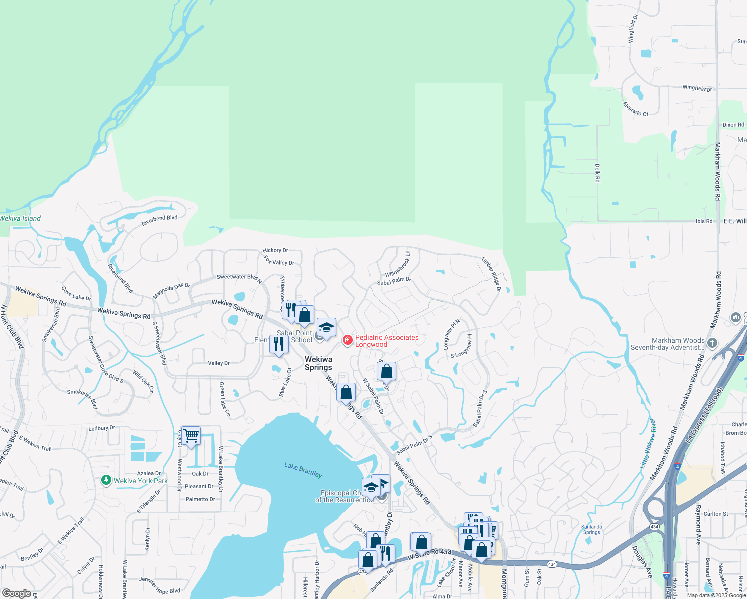map of restaurants, bars, coffee shops, grocery stores, and more near 504 Whisperwood Drive in Longwood