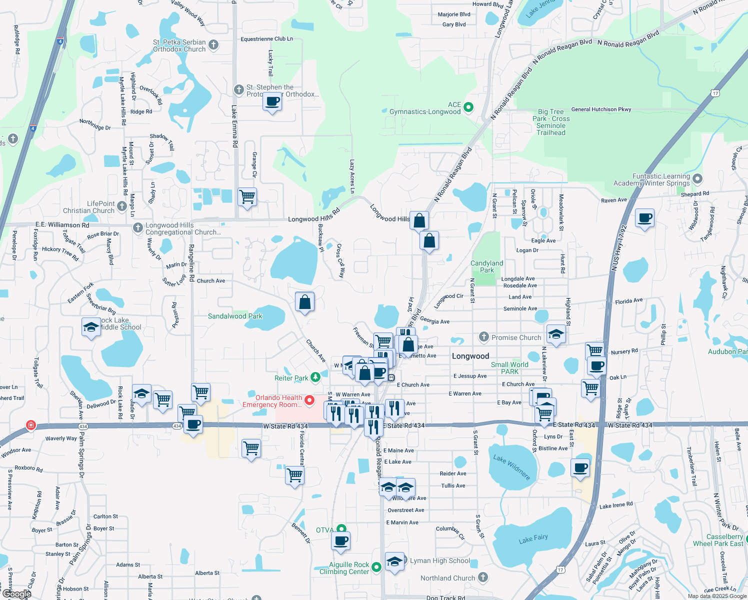 map of restaurants, bars, coffee shops, grocery stores, and more near 860 Bucksaw Place in Longwood