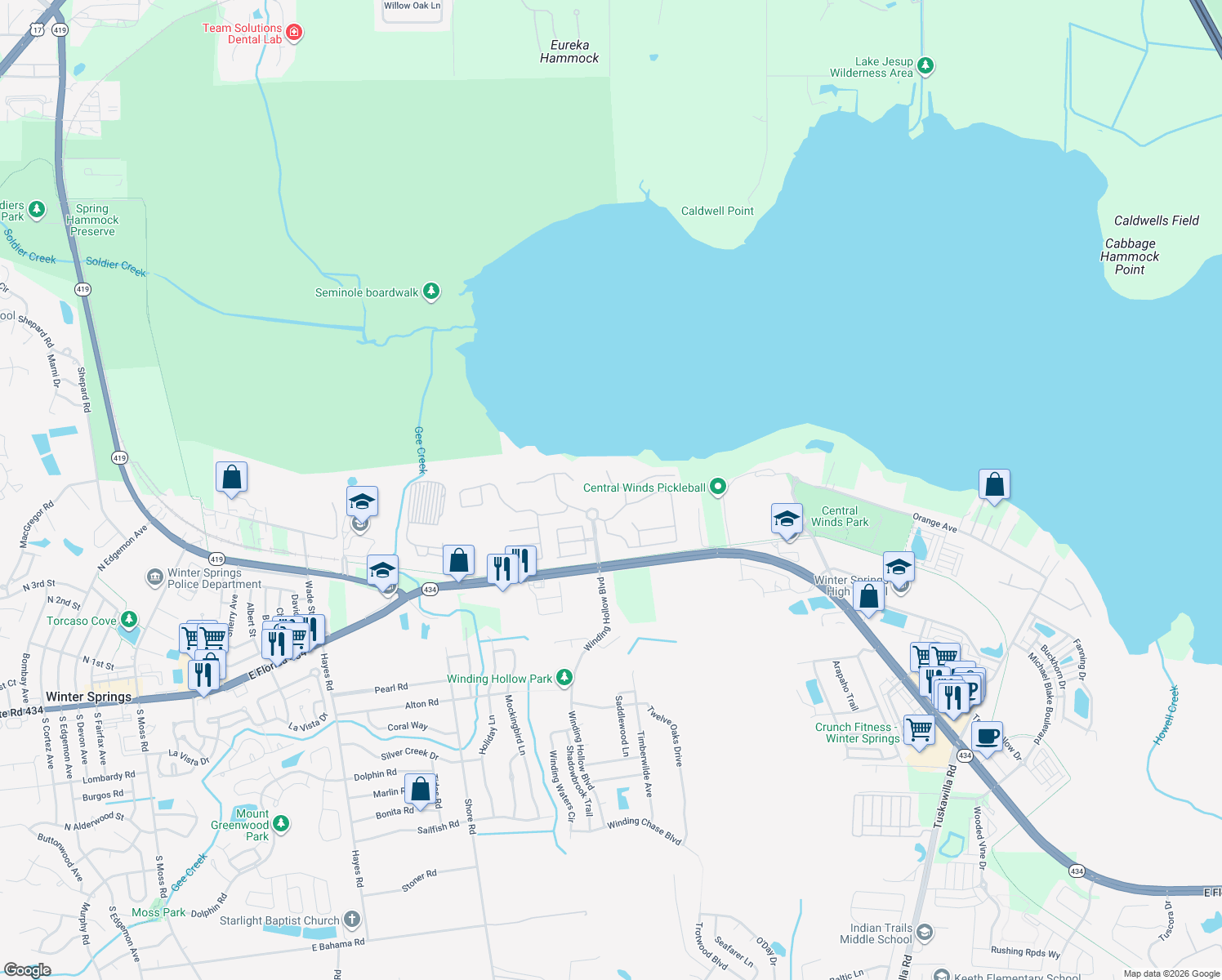 map of restaurants, bars, coffee shops, grocery stores, and more near 1216 Stone Harbour Road in Winter Springs